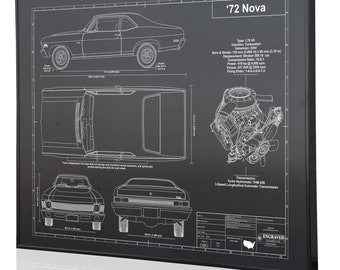 Chevrolet Nova 1972 Personalized Laser Engraved Wall Art, Blueprint Artwork, Custom Car Art, Poster, Sign. Great Car Guy Gift, Garage