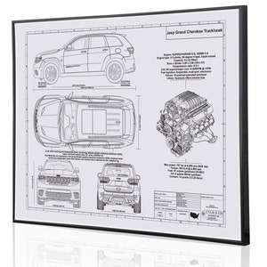 Jeep Grand Cherokee Trackhawk Laser Engraved Wall Art. Jeep blueprints, best auto gifts Ultimate decor for the garage or office image 4