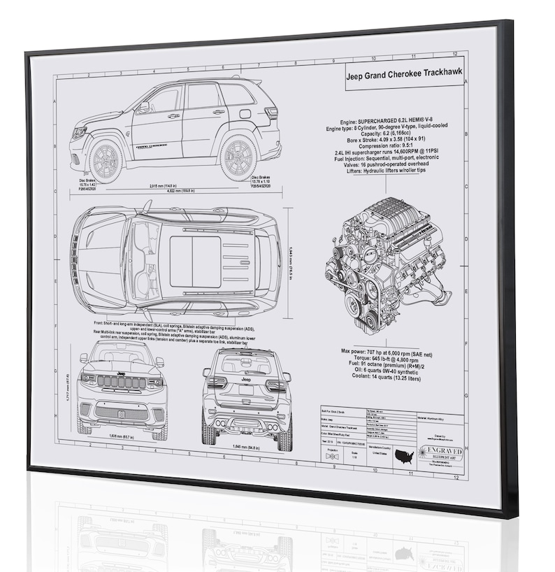 Jeep Grand Cherokee Trackhawk Laser Engraved Wall Art. Jeep blueprints, best auto gifts Ultimate decor for the garage or office image 4