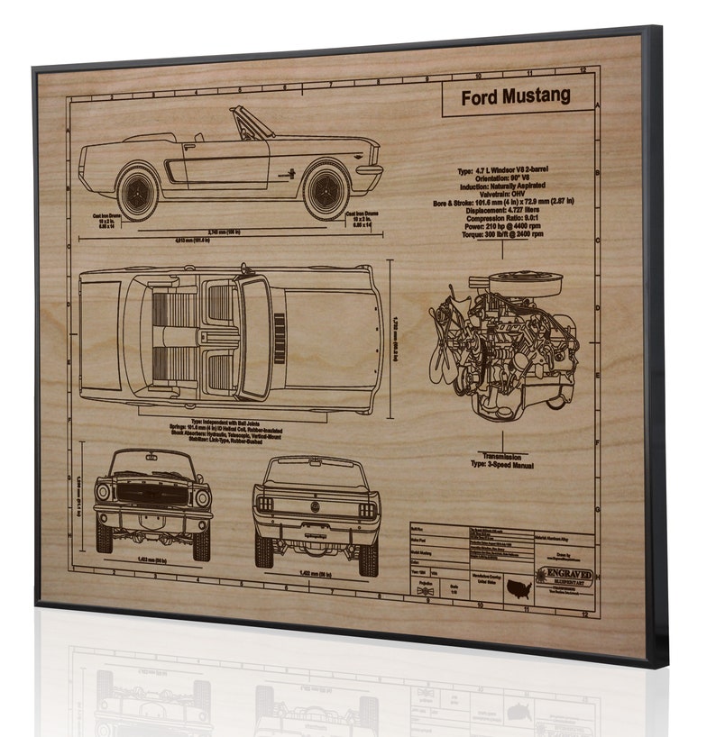 Great Audi Car Gift! Custom Car Art Engraved on Metal Acrylic or Wood Ford Mustang 1964 Convertible Laser Engraved Wall Art Sign