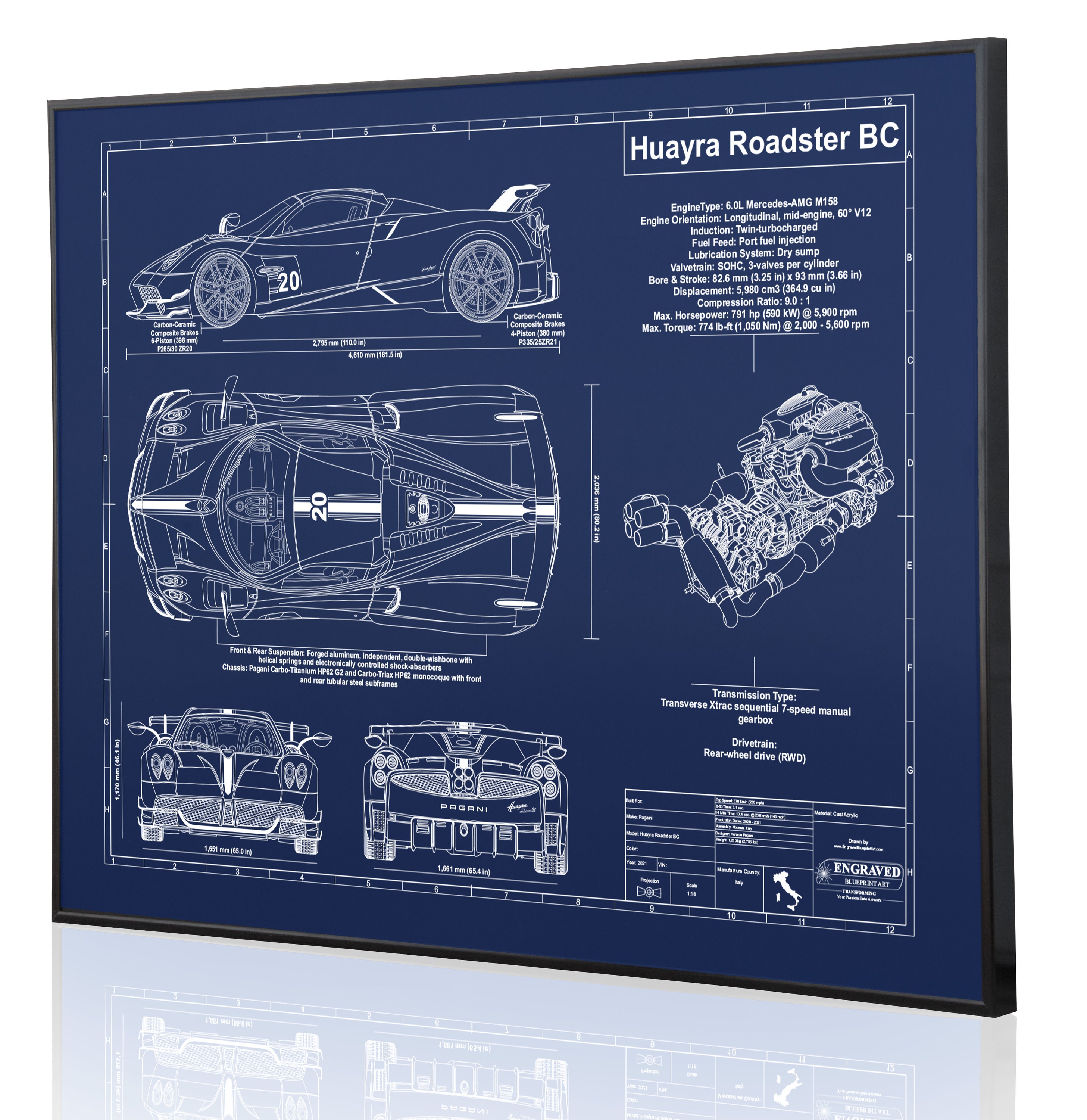 Pagani Huayra BC Roadster Laser Engraved Wall Art. Engraved on Metal,  Acrylic or Wood. Custom Car Art, Blueprint. Great Audi Car Gift 