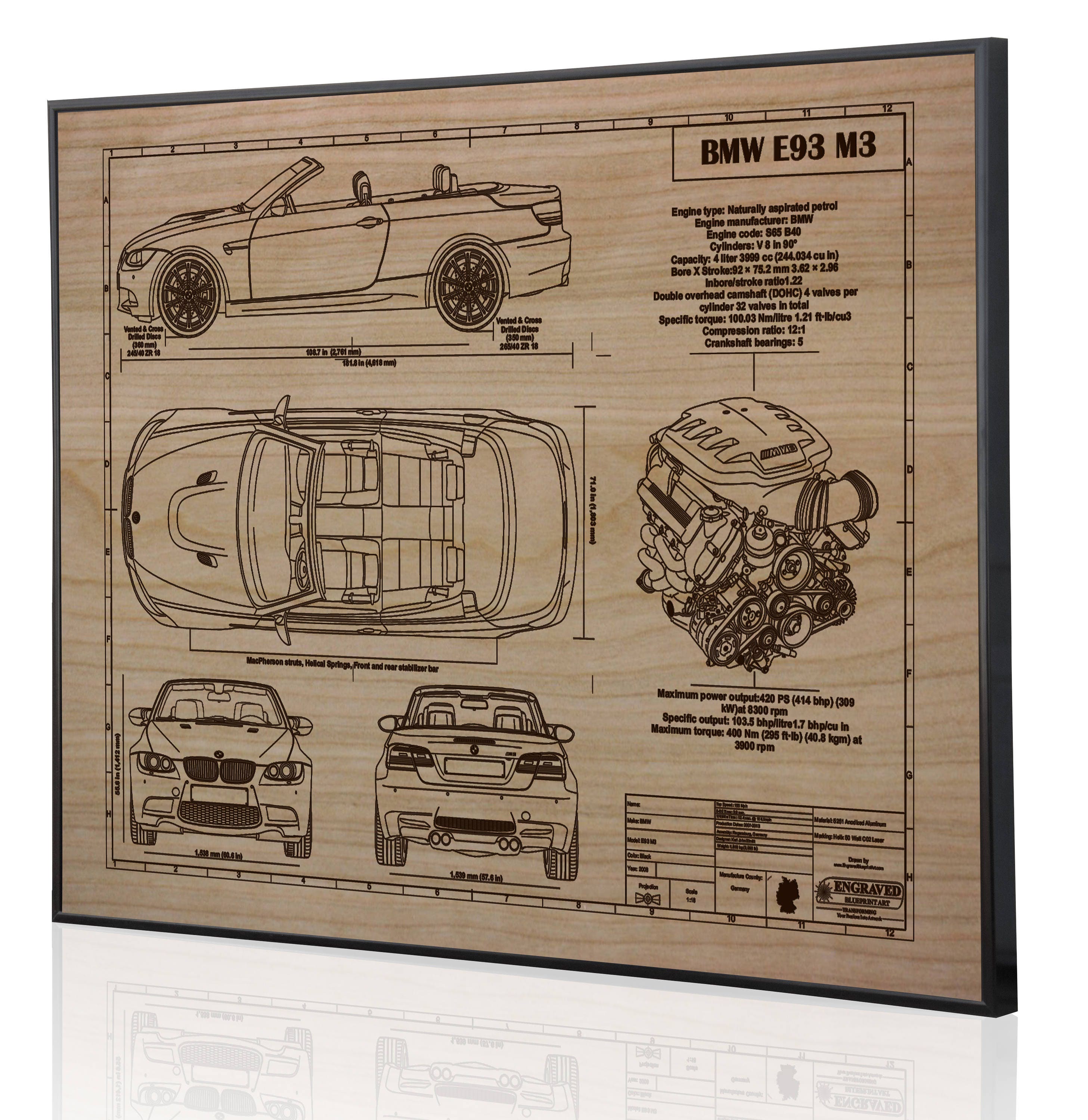 BMW E93 M3 Lasergraviertes Wandkunst Poster. Blueprint Sign Kunstwerk, um  die besten Auto-Geschenke zu machen Ultimatives Dekor für die Garage oder  büro -  Österreich