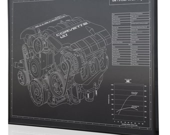 GM 7.0 LS7 V8 Engine (Corvette) Laser Engraved Wall Art Poster. Engraved on Metal, Acrylic or Wood. Custom Car Art, Poster, Sign.