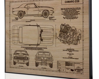 Chevrolet Camaro Z/28 (1st Generation) Laser Engraved Wall Art, Blueprint Artwork, Custom Car Art, Best Car Art. Great Car Guy Gift, Garage