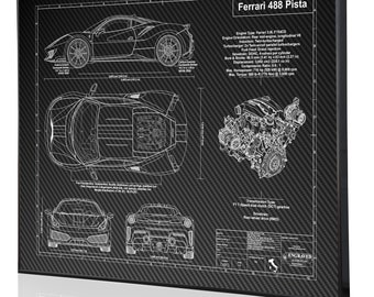 Plano grabado con láser del Ferrari 488 Pista. Ilustraciones de automóviles grabadas en metal, acrílico o madera. Arte de coche personalizado. ¡Gran regalo de coche Ferrari!