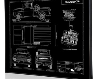 Chevrolet C10 Pickup (1962) Cartel de arte de pared grabado con láser. Grabado en metal, acrílico o madera. Arte de coche personalizado, póster, regalo de coche chico