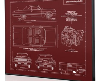 Chevrolet Impala SS 1963 Personalized Laser Engraved Wall Art, Blueprint Artwork, Custom Car Art, Poster, Sign. Great Car Guy Gift, Garage