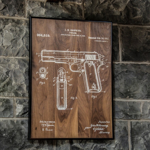 Browning 1911 Wood Wall Art Patent-Gun Art and History for any Firearm Lover. Office-Garage-ManCave Large Wooden Art!