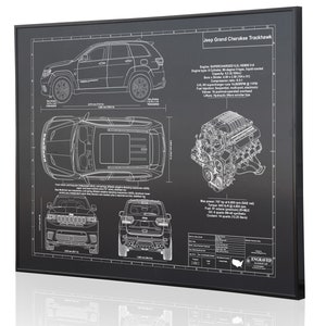 Jeep Grand Cherokee Trackhawk Laser Engraved Wall Art. Jeep blueprints, best auto gifts Ultimate decor for the garage or office image 2