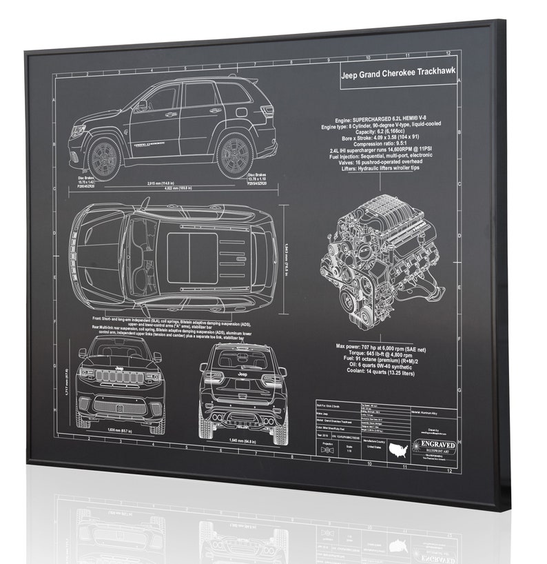 Jeep Grand Cherokee Trackhawk Laser Engraved Wall Art. Jeep blueprints, best auto gifts Ultimate decor for the garage or office image 2