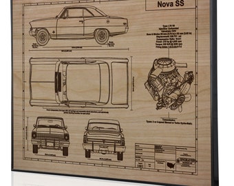 Chevrolet Nova 1967 Personalized Laser Engraved Wall Art, Blueprint Artwork, Custom Car Art, Poster, Sign. Great Car Guy Gift, Garage
