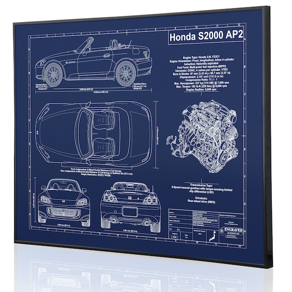 Honda S2000 AP2 Laser Engraved Wall Art. Engraved on Metal, Acrylic or Wood. Best car art, Honda blueprints. Honda artwork. Honda Car Gift!