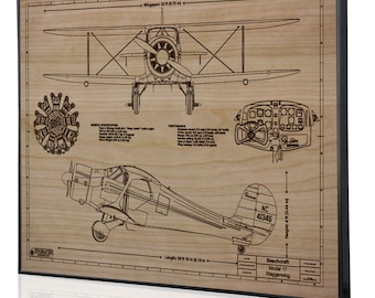 Beechcraft Model 17 Staggerwing Laser Engraved Wall Art Blueprint, Metal, Acrylic or Wood. Aviation Art, Beechcraft Sign, Best airplane gift