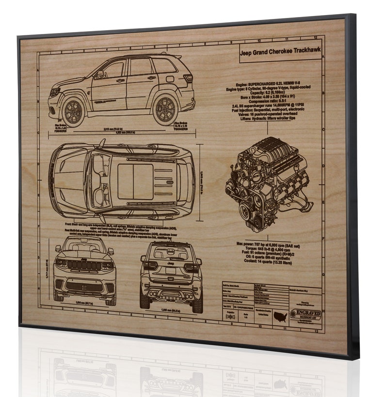 Jeep Grand Cherokee Trackhawk Laser Engraved Wall Art. Jeep blueprints, best auto gifts Ultimate decor for the garage or office image 5