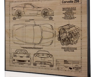 Corvette C6 Z06  Laser Engraved Wall Art Poster. Engraved on Metal, Acrylic or Wood. Custom Car Art, Poster, Best Car Guy Gift