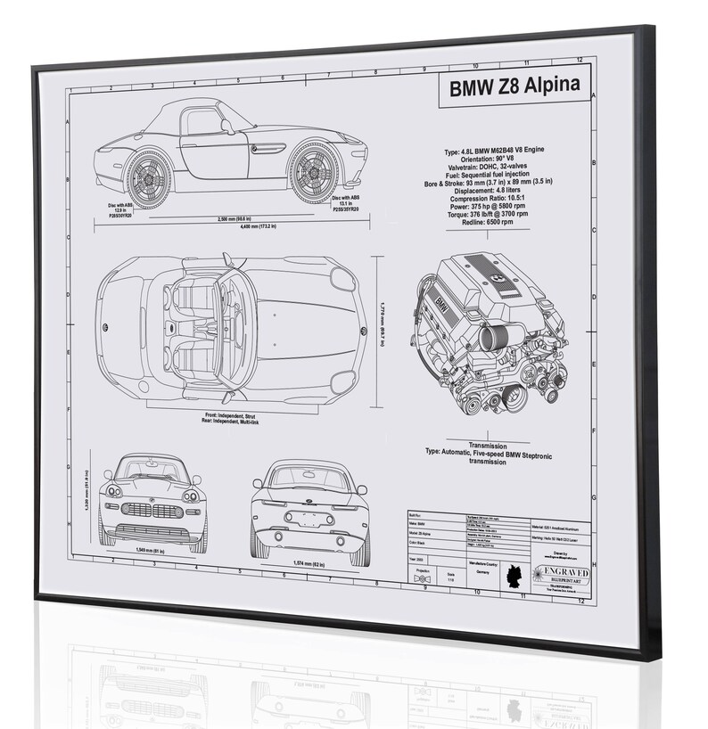 BMW Z8 Laser Engraved Wall Art Poster. Blueprint Sign Artwork Etsy