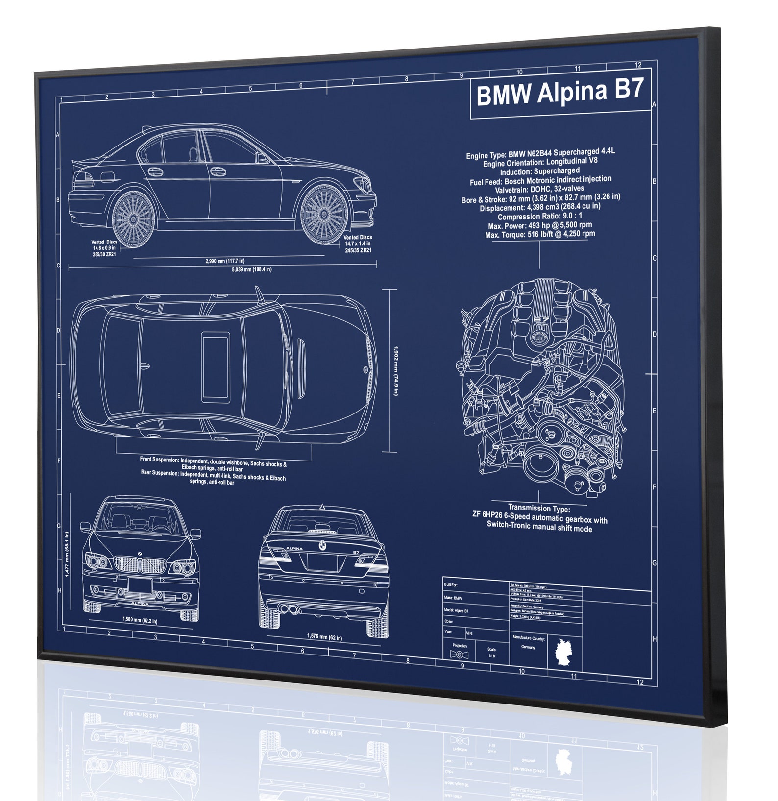 BMW Alpina B7 e65-e66laser Engraved Wall Art. Personalized Blueprint ...