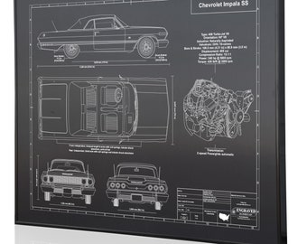 Chevrolet Impala SS 1963 Hardtop Laser Engraved Wall Art, Blueprint Artwork, Custom Car Art, Poster, Sign. Great Car Guy Gift, Garage