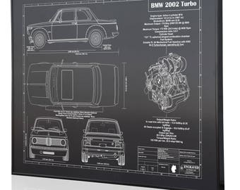 BMW 2002 Turbo Laser Engraved Wall Art Poster. Blueprint Sign artwork to make the best auto gifts! Ultimate decor for the garage or office!