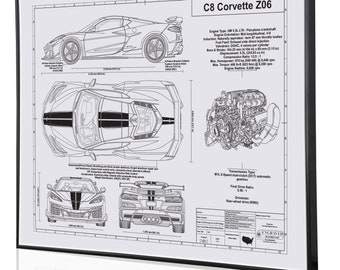 C8 Corvette Z06/Z07 Coupe - Engraved Blueprint Art Hand drawn. Wall Art. Automotive Artwork. Garage Decor. Office Decor. Chevrolet