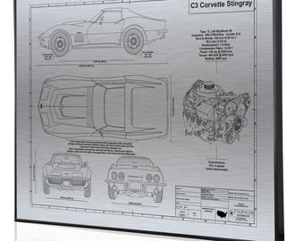Chevrolet Corvette C3 Stingray Laser Engraved Wall Art Poster. Engraved on Metal, Acrylic or Wood. Custom Car Art, Poster, Best Car Guy Gift