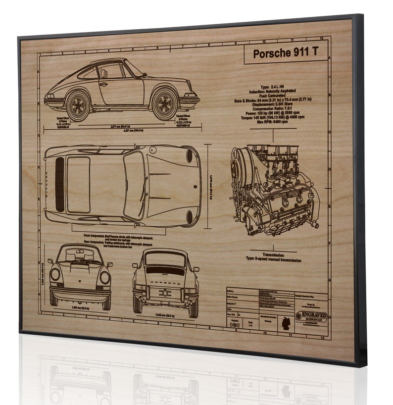 Porsche 911 T 1973 Laser Engraved Metal Wall Art Car Wall Art Vintage Porsche Car Wall Art Porsche Gifts for Car Enthusiasts