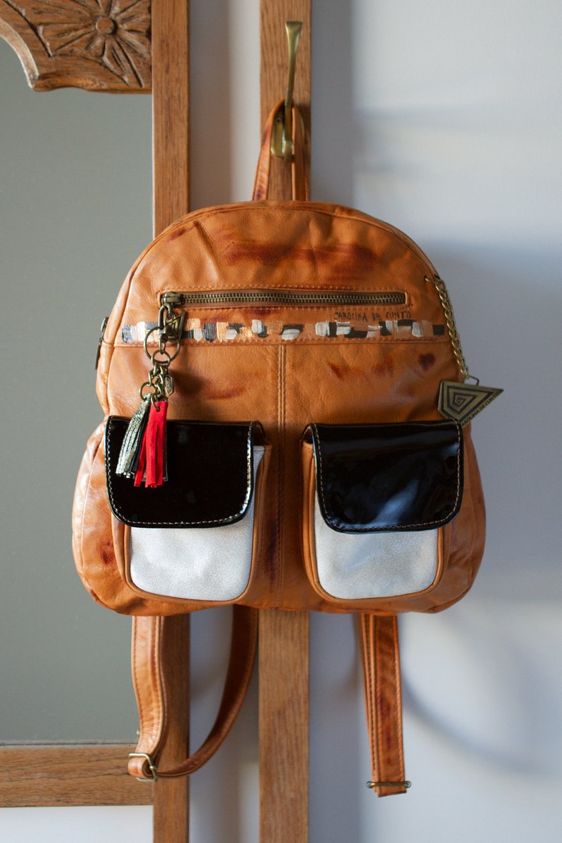 Jimena Terracotta B/&W Leather Backpack Handpainted Art Free International Shipping!! Carolina De Cunto