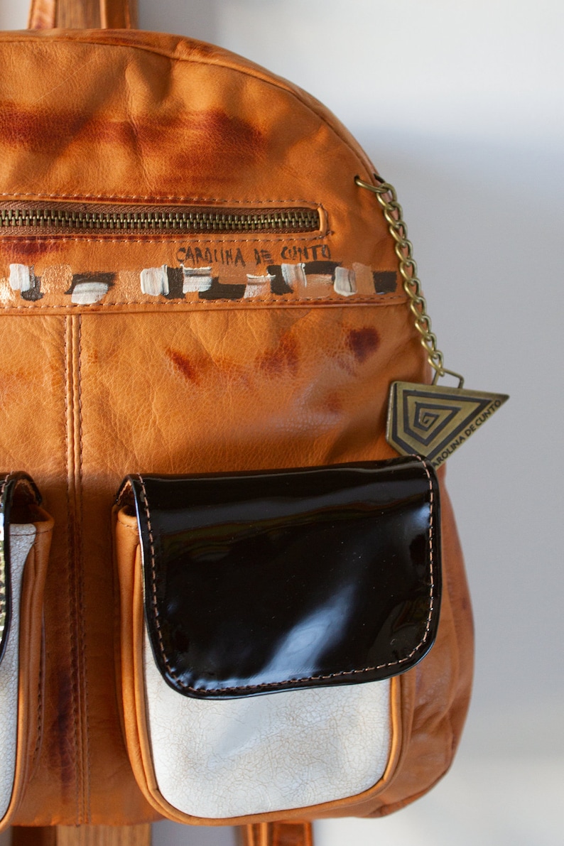Jimena Terracotta B/&W Leather Backpack Handpainted Art Free International Shipping!! Carolina De Cunto