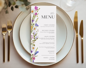 Menu de mariage floral coloré, modèle de menu de mariage, modèle de menu de mariage floral, menu de fleurs sauvages, modèle de menu de mariage imprimable, #FIONA