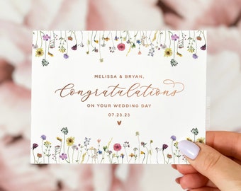 Personalized Wildflower Wedding Card, Congrats Wedding Day, Handmade