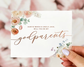 Floral will you be my Godparents card, Godparents proposal card, be my Godparents, Godparents proposal, will you be my Godparents. Godparent