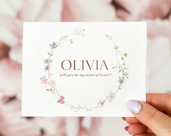 Customized will you be my bridesmaid card, Wildflower maid of honor gift
