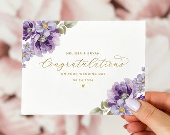 Carte de mariage personnalisée, carte de félicitations de jour de mariage, carte de jour de mariage florale, carte de félicitations de mariage, carte de jour de mariage violette