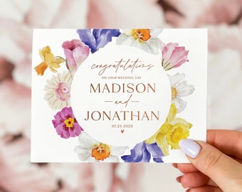 Carte personnalisée pour le jour du mariage, carte de félicitations pour le jour du mariage, carte de mariage florale, carte de félicitations de mariage, carte de mariage de fleurs sauvages