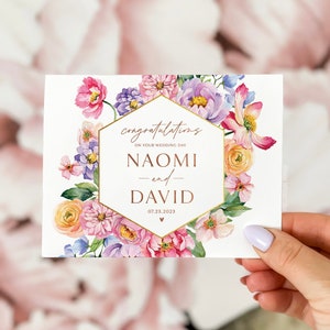 Carte personnalisée pour le jour du mariage, carte de félicitations pour le jour du mariage, carte de mariage florale, carte de félicitations de mariage, carte de mariage florale