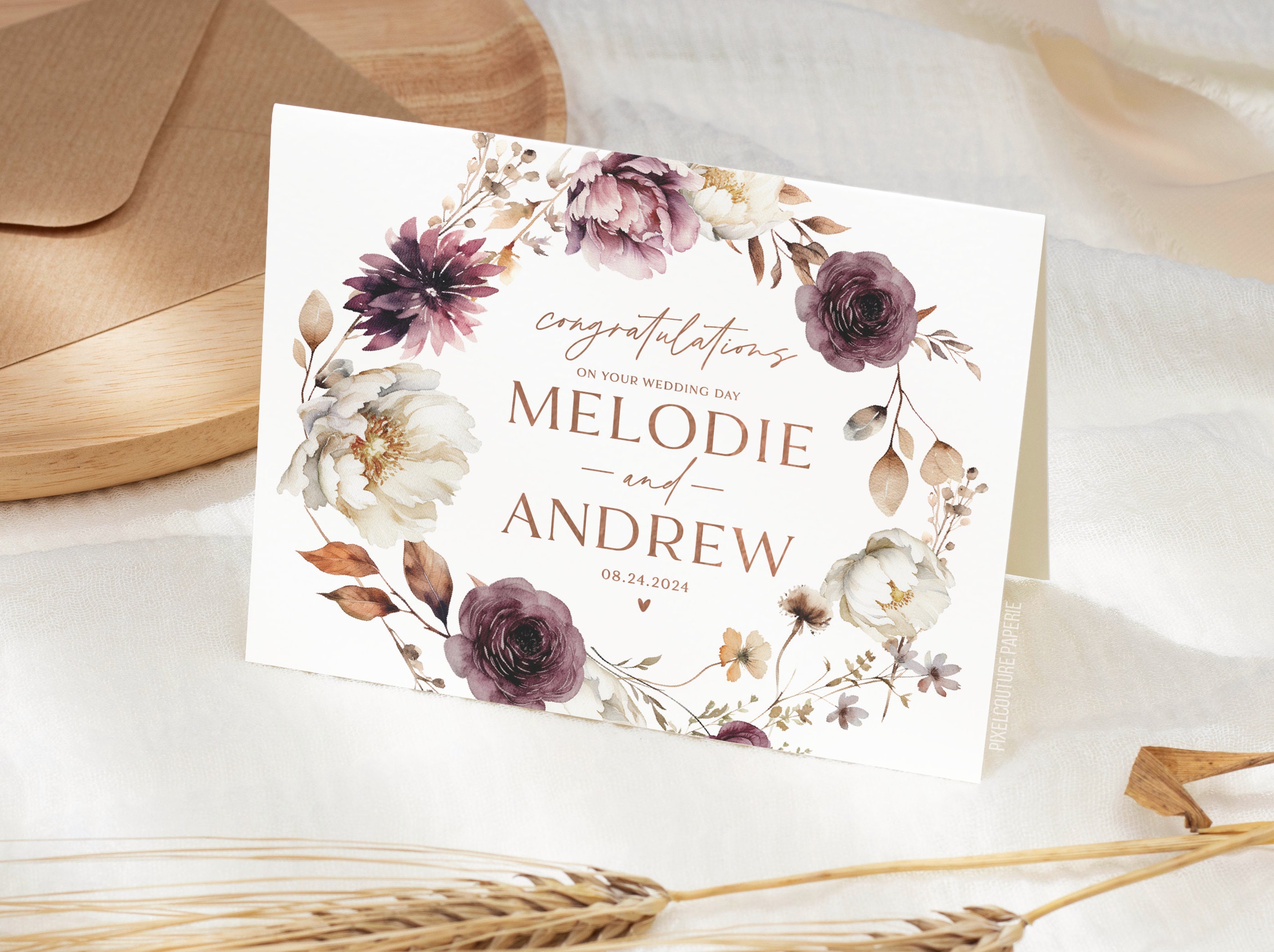 Fall Personalized Wedding Day Card, Congrats Wedding Day Card, Boho ...