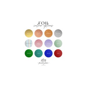 Foil color options chart for personalized greeting cards showing available foil colors including gold, rose gold, copper, silver, iridescent, lilac, mint, teal, blue, and red.