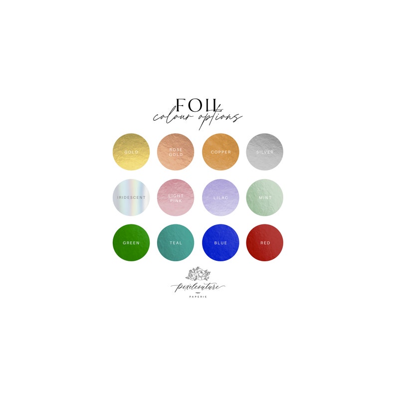 Foil color options chart for personalized greeting cards showing available foil colors including gold, rose gold, copper, silver, iridescent, lilac, mint, teal, blue, and red.