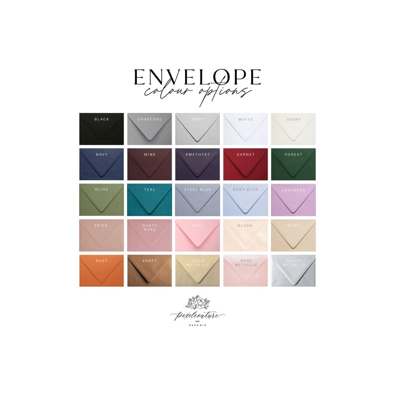 Envelope color options chart showing available envelope colors for personalized greeting cards, including black, navy, wine, forest green, blush, ivory, gold metallic, and silver metallic.