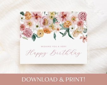 May include: A printable birthday card featuring a watercolour floral design in shades of pink, peach, and yellow. The card reads "Wishing you a very Happy Birthday".