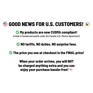 Informational graphic for U.S. customers explaining that PixelCouture products are CUSMA compliant, meaning no tariffs, duties, or surprise fees for orders shipped from Canada to the United States.