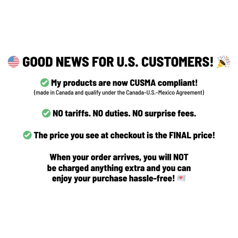 Informational graphic for U.S. customers explaining that PixelCouture products are CUSMA compliant, meaning no tariffs, duties, or surprise fees for orders shipped from Canada to the United States.