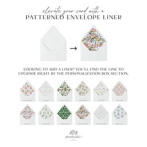 Patterned envelope liner upgrade guide showing floral and patterned envelope liners available for personalized greeting cards.