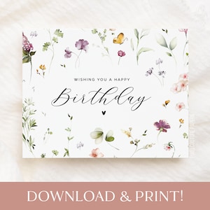 Cartão de aniversário para impressão, cartão de aniversário de flores silvestres, cartão digital para impressão de feliz aniversário, cartão de aniversário para download digital, presente de aniversário