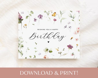 Printable Birthday Card, Wildflower Birthday Card, Happy Birthday Digital Printable Card, Digital Download Birthday Card, Birthday Gift