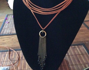 5 rowed suede choker with brass fringes and black natural stones, magnetic clasp, semi-precious stones, brown suede choker with stone fringe