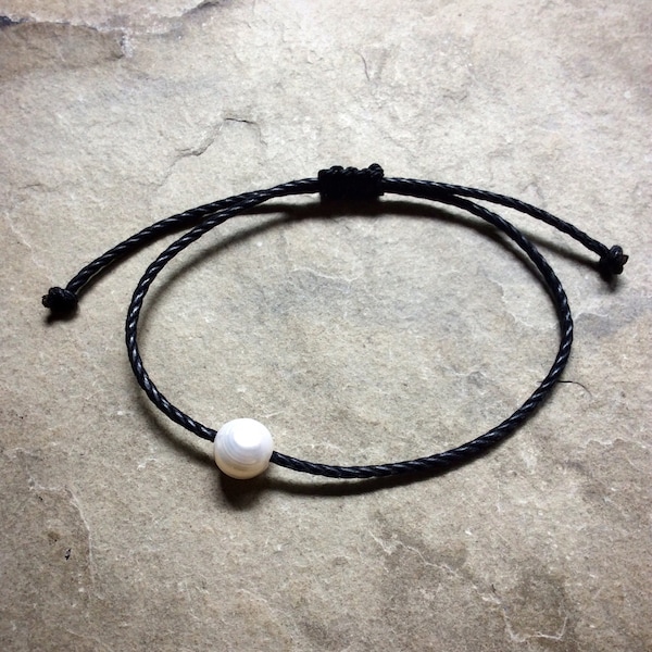 Bracelet à fermeture shamballa noir en coton avec perles de culture, bracelet ajustable en coton noir,perles pour homme,bracelet à 1 perle