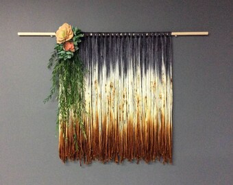 Wall art, hanging wall piece, dyed wool, knotted wool, merino hand dyed wool, rust and smoke colour, boho, vintage look, romantic ,32 inches