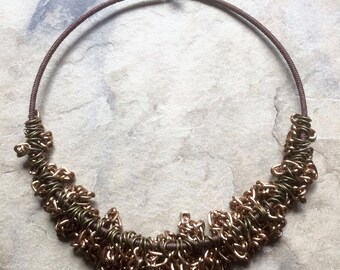 Brass chains necklace knitted  on rigid hoop,metal chain curls, small bib necklace,brass circular necklace