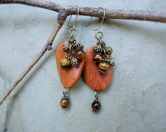 Bayong wood and tiger-eye stone earrings, exotic wood and natural stone earrings, brass beads, baroque and rustic style
